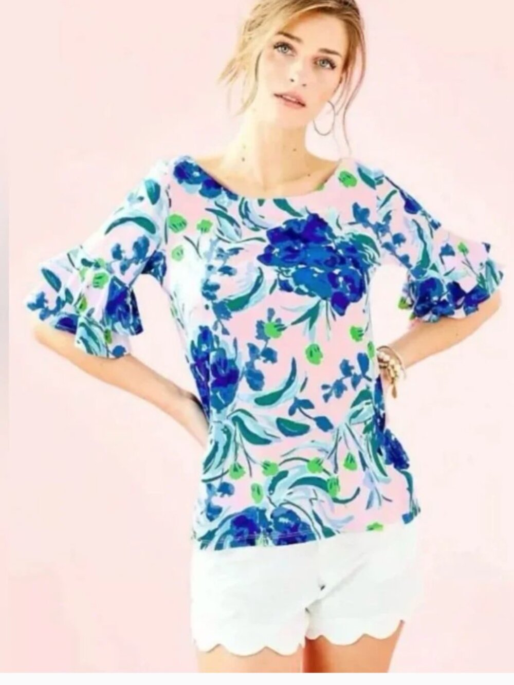 Lilly Pulitzer Lula Pink Tropics Sweet Pea Ruffle Sleeve Top - Picture 1 of 10